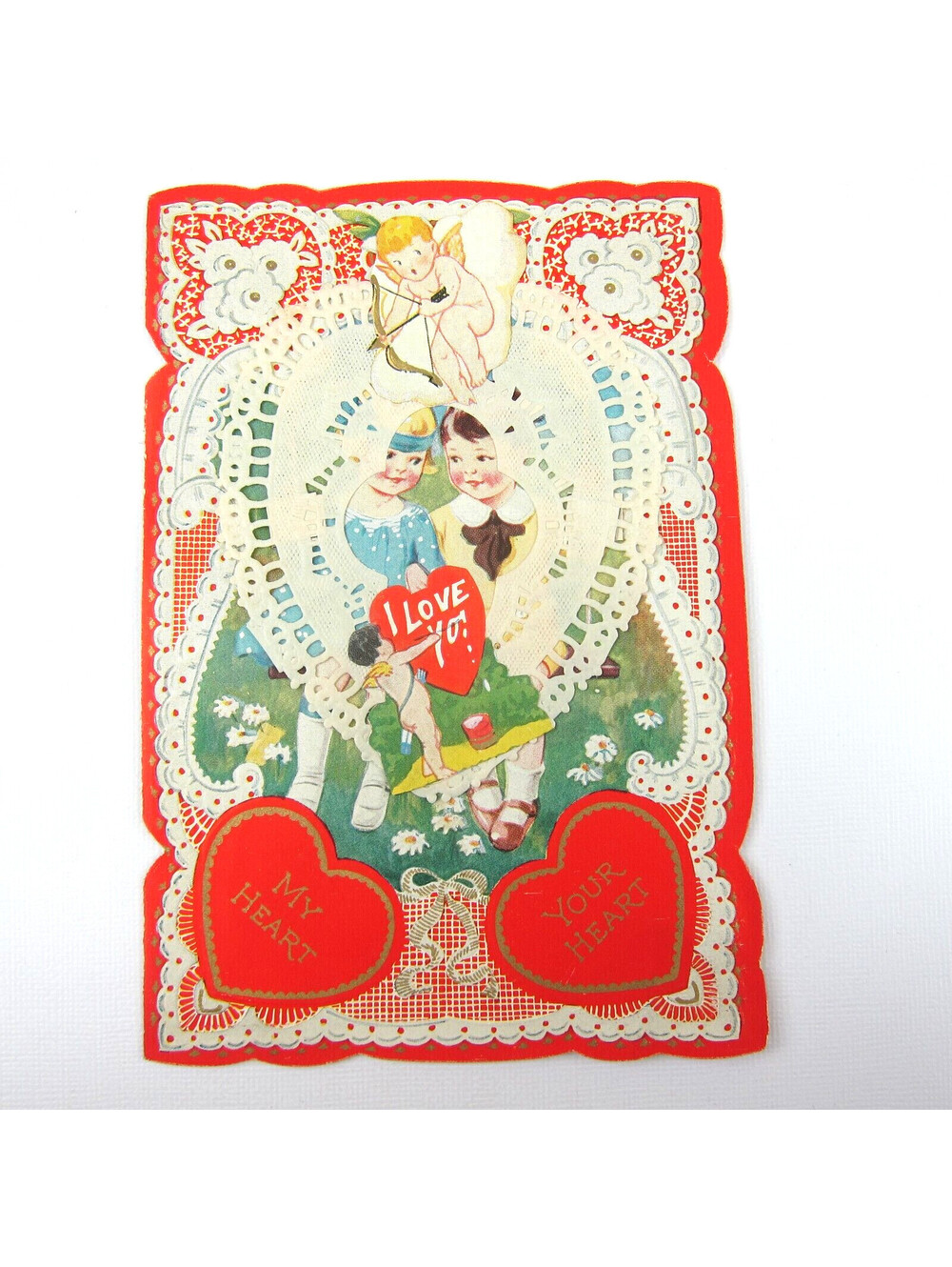 Antique Valentine Blonde Girl Blue Dress Boy Swing Cupid Daisy Flowers UNSIGNED